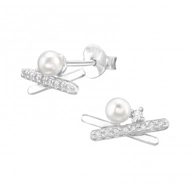 Cross Bar with Zirconia and Pearl - 925 Sterling Silver Ear Studs With Zirconia Stones A4S48315