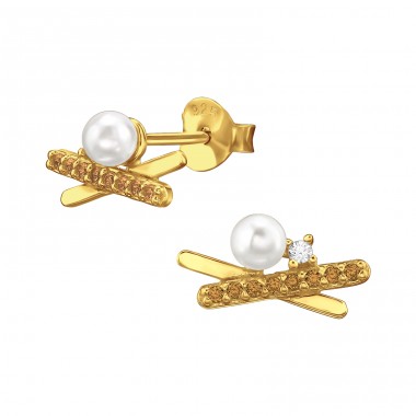 Golden Cross Bar with Zirconia and Pearl - 925 Sterling Silver Ear Studs With Zirconia Stones A4S48316