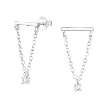 Bar And Hanging Chain - 925 Sterling Silver Ear Studs with Zirconia stones A4S48347