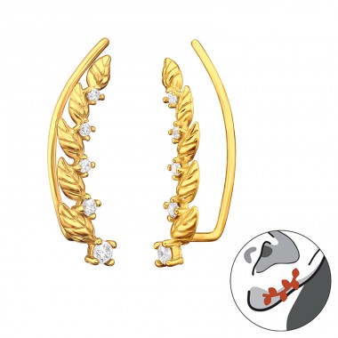 Gold plated leaf with zirconias - 925 Sterling Silver Ear Cuffs And Ear Pins A4S44620