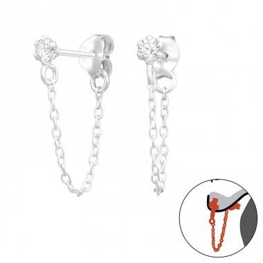 3mm Round with chain - 925 Sterling Silver Double-Sided Ear Studs A4S43356