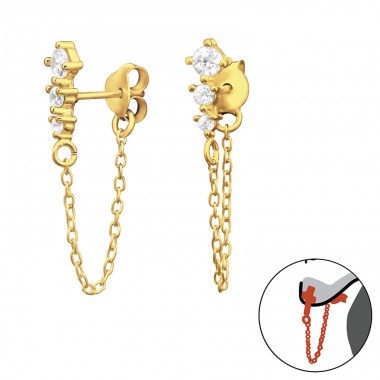 Golden chain stud with zirconia - 925 Sterling Silver Double-Sided Ear Studs A4S43386