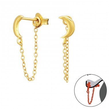 Moon with golden chain - 925 Sterling Silver Double-Sided Ear Studs A4S43409