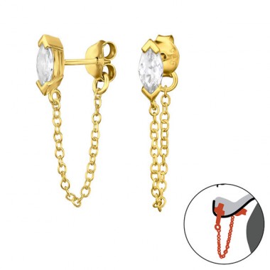 Golden Marquise Shape - 925 Sterling Silver Double-Sided Ear Studs A4S47529