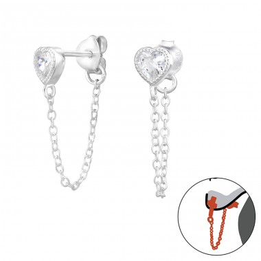 Heart with cubic zirconia and chain - 925 Sterling Silver Double-Sided Ear Studs A4S47530