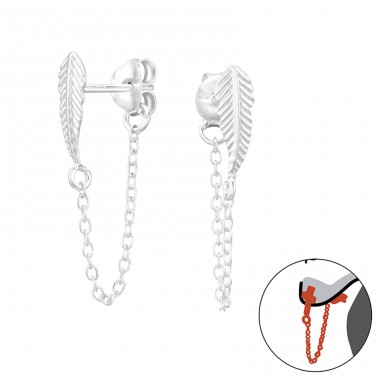 Leaf with silver chain - 925 Sterling Silver Double-Sided Ear Studs A4S47979