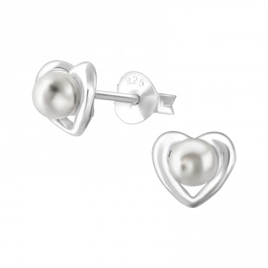 Heart - 925 Sterling Silver Ear Studs with Pearls A4S36791