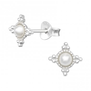 Geometric - 925 Sterling Silver Ear Studs with Pearls A4S40486