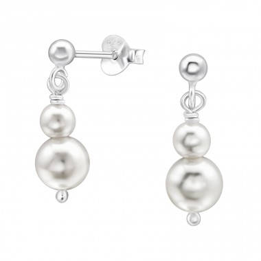 3mm Silver ball with two hanging pearls - 925 Sterling Silver Ear Studs With Pearls A4S43406