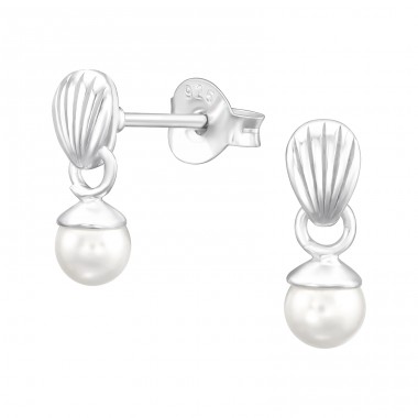 Shell with hanging pearl - 925 Sterling Silver Ear Studs With Pearls A4S43413