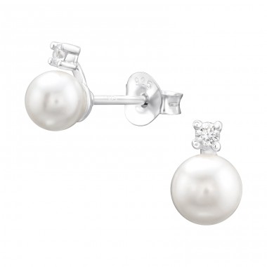 White pearls with zirconia - 925 Sterling Silver Ear Studs With Pearls A4S43416