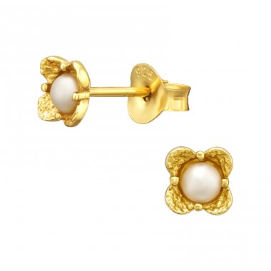 Golden Flower with pearl - 925 Sterling Silver Ear Studs With Pearls A4S43963