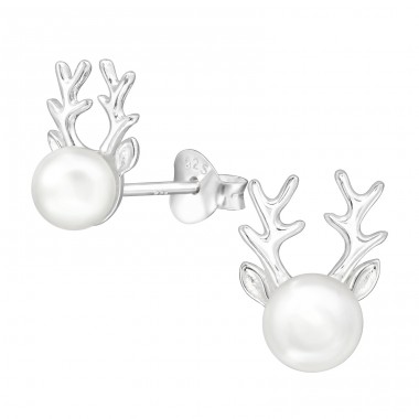 Deer with pearl - 925 Sterling Silver Ear Studs With Pearls A4S44015