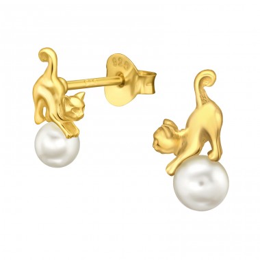 Golden Cat on pearl - 925 Sterling Silver Ear Studs With Pearls A4S44884