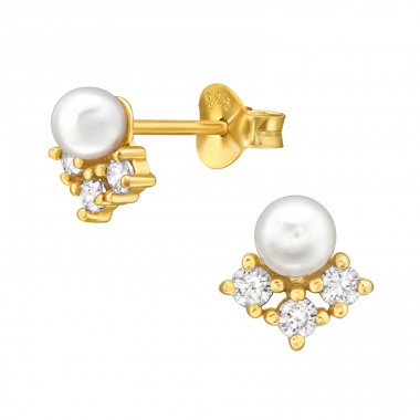 Golden Flower with pearl and Zirconia - 925 Sterling Silver Ear Studs With Pearls A4S45574