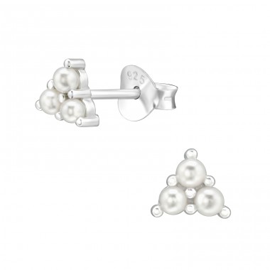 Geometric - 925 Sterling Silver Ear Studs with Pearls A4S45771