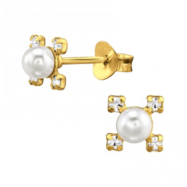 Cross with a Pearl - 925 Sterling Silver Ear Studs With Pearls A4S46854