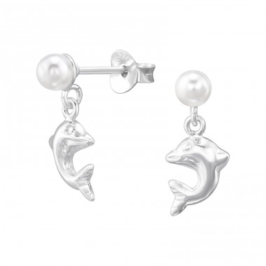 Pearl with hanging Dolphin - 925 Sterling Silver Ear Studs With Pearls A4S46885