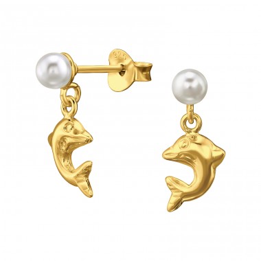 Golden pearl with hanging Dolphin - 925 Sterling Silver Ear Studs With Pearls A4S46886