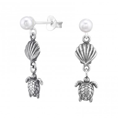 Shell And Turtle with Pearl - 925 Sterling Silver Ear Studs With Pearls A4S46900