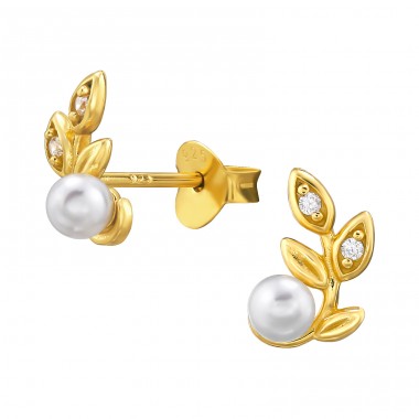 Golden Branch with pearl - 925 Sterling Silver Ear Studs With Pearls A4S46923