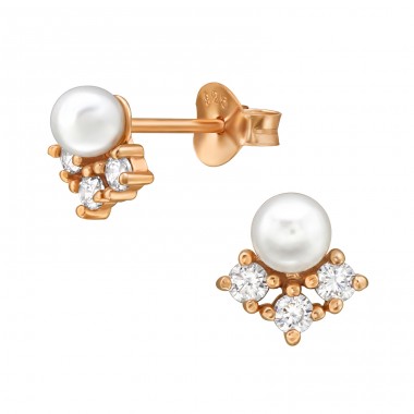 Flower with a pearl and zirconia - 925 Sterling Silver Ear Studs With Pearls A4S47025