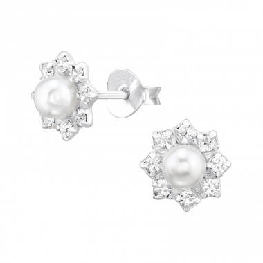 Flower with pearls and crystals - 925 Sterling Silver Ear Studs With Pearls A4S47330