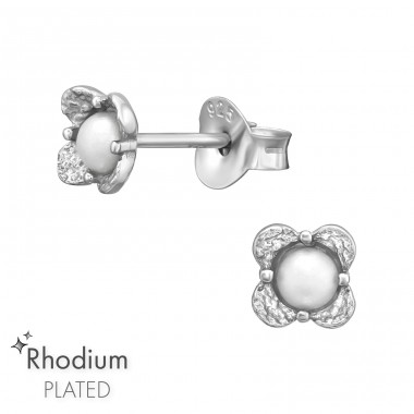 Flower with a pearl - 925 Sterling Silver Ear Studs With Pearls A4S47441