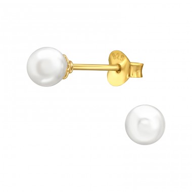 Gold Plated 5mm Round with pearl - 925 Sterling Silver Ear Studs With Pearls A4S47443