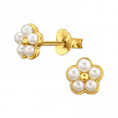 Flowers - 925 Sterling Silver Ear Studs with Pearls A4S47711