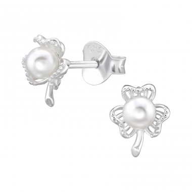 Three-leaf clover with pearl - 925 Sterling Silver Ear Studs With Pearls A4S47857