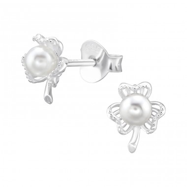 Three-leaf clover with pearl - 925 Sterling Silver Ear Studs With Pearls A4S47857