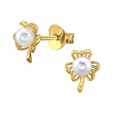 Golden Three-leaf clover with pearl - 925 Sterling Silver Ear Studs With Pearls A4S47858