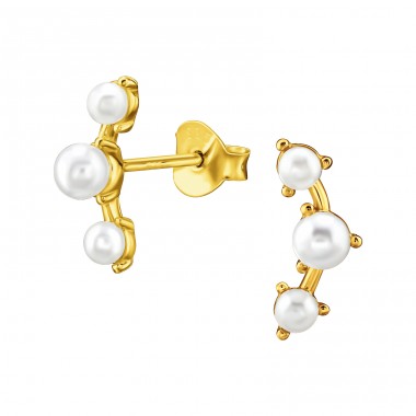 Curved with Pearls - 925 Sterling Silver Ear Studs With Pearls A4S47860