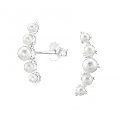 Curved with Pearls - 925 Sterling Silver Ear Studs With Pearls A4S47863