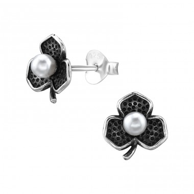 Three-leaf clover with pearl, - 925 Sterling Silver Ear Studs With Pearls A4S47870