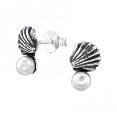 Shell - 925 Sterling Silver Ear Studs with Pearls A4S48368