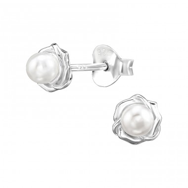 Flower with pearl - 925 Sterling Silver Ear Studs With Pearls A4S48396