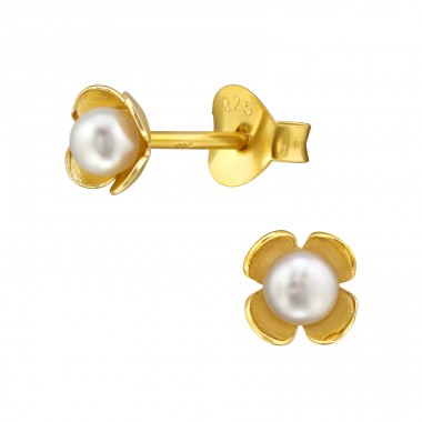 Flower - 925 Sterling Silver Ear Studs with Pearls A4S48538