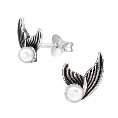 Whale tail oxidized with pearl - 925 Sterling Silver Ear Studs With Pearls A4S48712