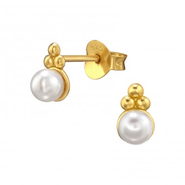 Golden Round with Pearls - 925 Sterling Silver Ear Studs With Pearls A4S49227