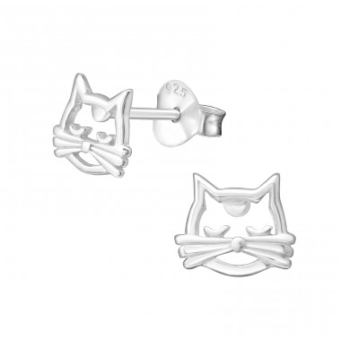 Silberne Katze - 925er Silber Glatte Ohrstecker A4S26995