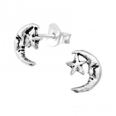 Moon & Star - 925 Sterling Silver Plain Ear Studs A4S39718