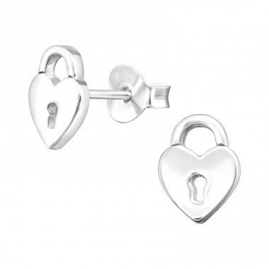 Heart Padlock - 925 Sterling Silver Plain Ear Studs A4S41315