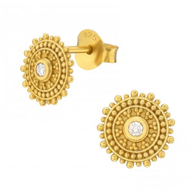 Golden sun with crystal - 925 Sterling Silver Plain Ear Studs A4S42148