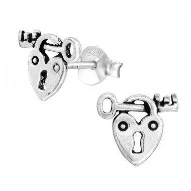 Heart shaped Padlock & Key - 925 Sterling Silver Plain Ear Studs A4S43104