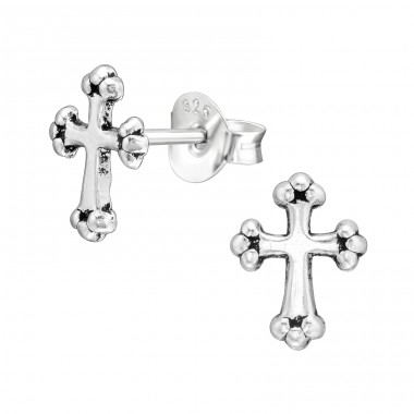 Antique Cross - 925 Sterling Silver Plain Ear Studs A4S43126