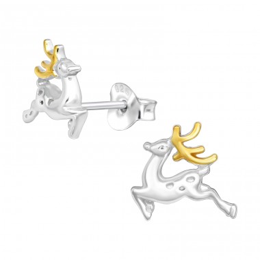 Reindeer with golden antlers - 925 Sterling Silver Plain Ear Studs A4S43297