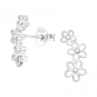 3x Flowers under eachother - 925 Sterling Silver Plain Ear Studs A4S43350