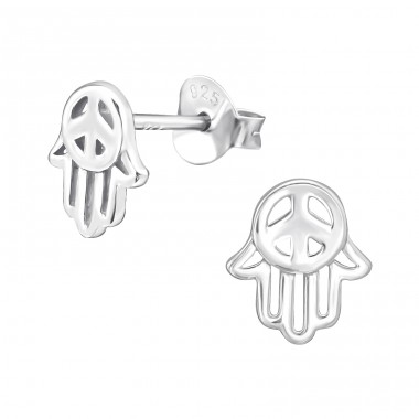 Hamsa hand with peace sign - 925 Sterling Silver Plain Ear Studs A4S44577